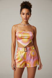 Elsie & Fred Womens Handkerchief Tie Back Satin Crop Top In 70s Swirl