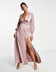 Blume Bridal Womens Satin Plunge Front Maxi Dress With Wrap Skirt In Pink