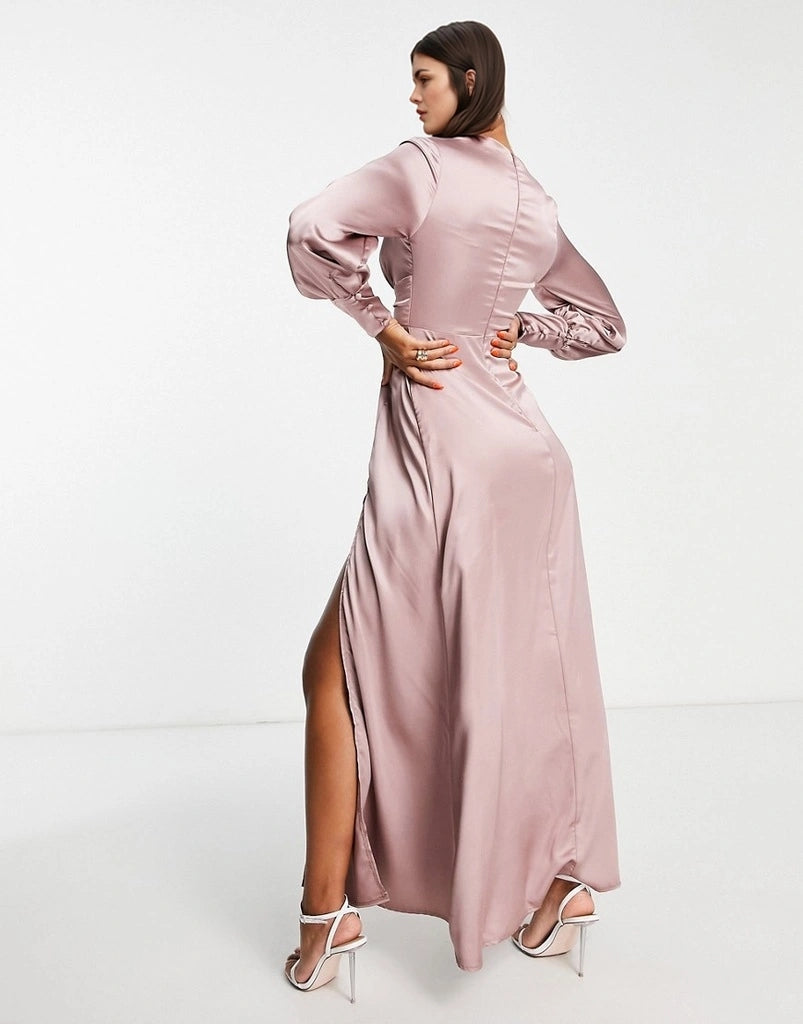 Blume Bridal Womens Satin Plunge Front Maxi Dress With Wrap Skirt In Pink