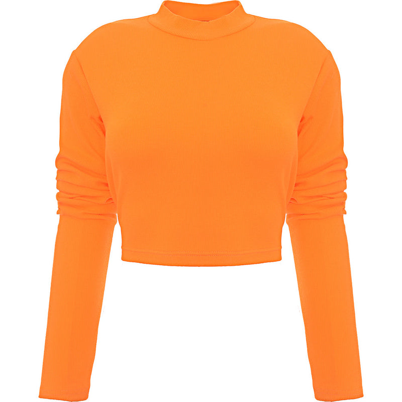 The Couture Club Womens Orange High Neck Ribbed Co-ord Top