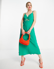 Mango Womens Tie Detail Lace insert Satin Midi Dress In Green