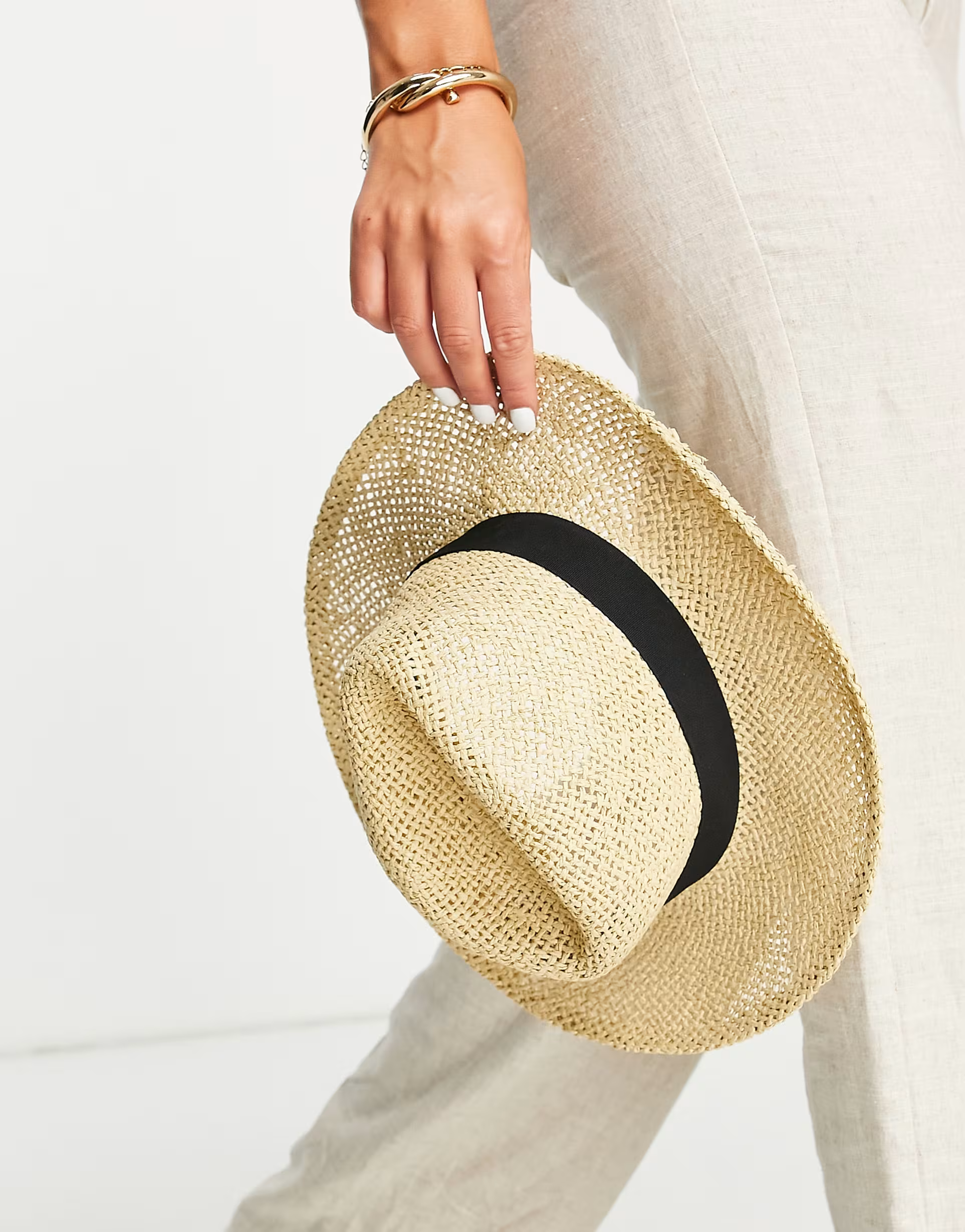 Mango Womens Ribbon Detail Straw Hat in Beige