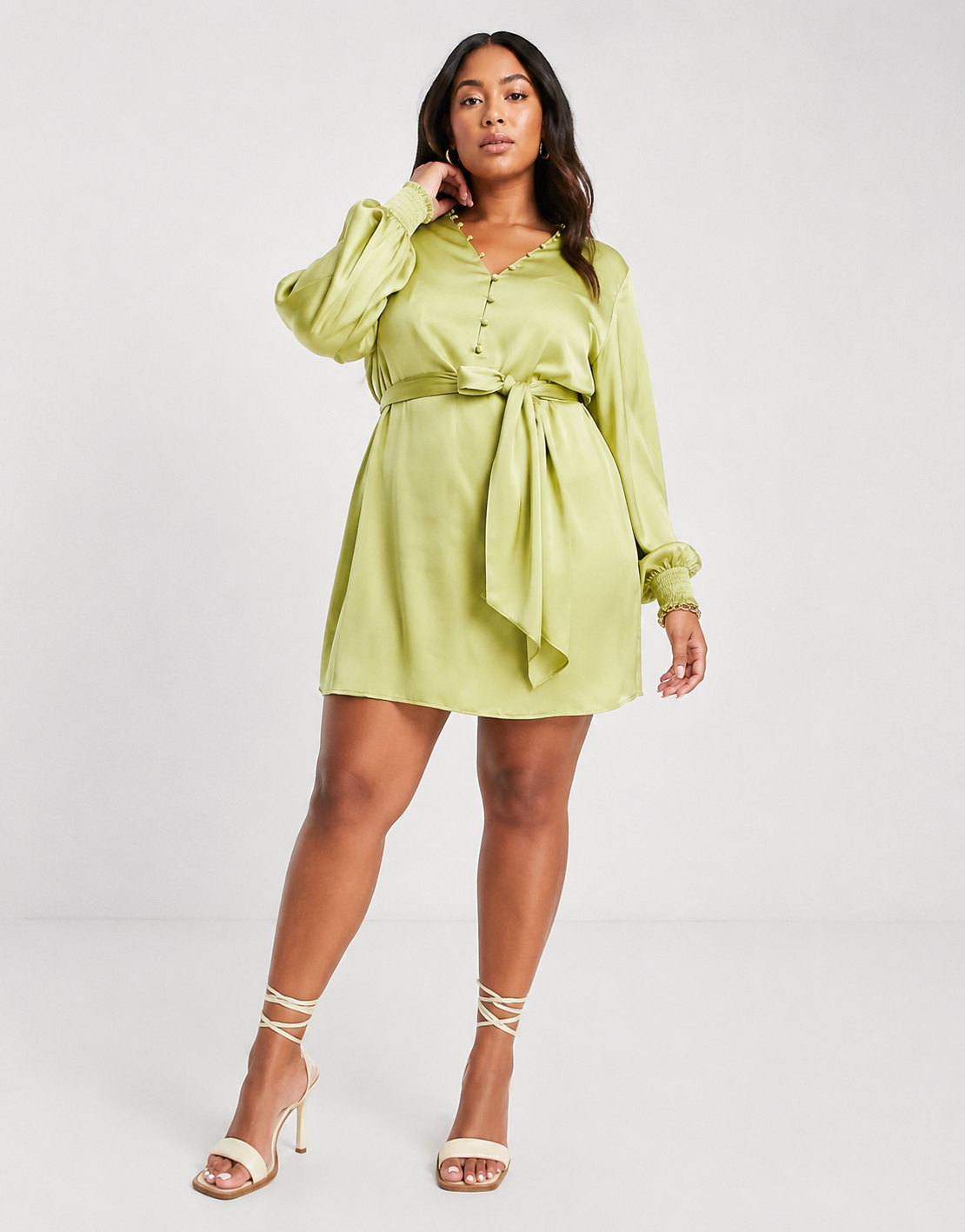 Pretty Lavish Womens Curve Tie Waist Button Mini Dress in Olive