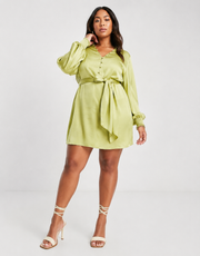 Pretty Lavish Womens Curve Tie Waist Button Mini Dress in Olive