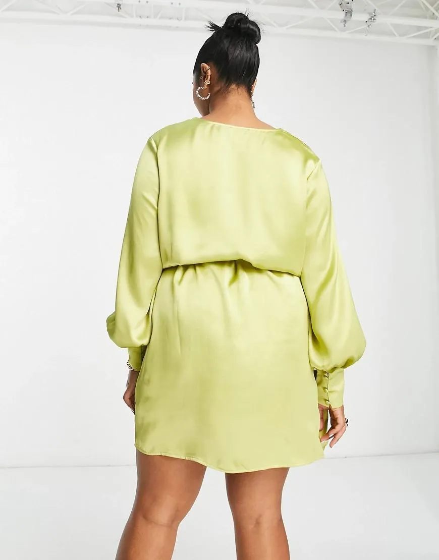 Pretty Lavish Womens Curve Tie Waist Button Mini Dress in Olive