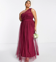 Anaya Womens With Love Plus Bridesmaid Tulle One Shoulder Maxi Dress in Red Plum