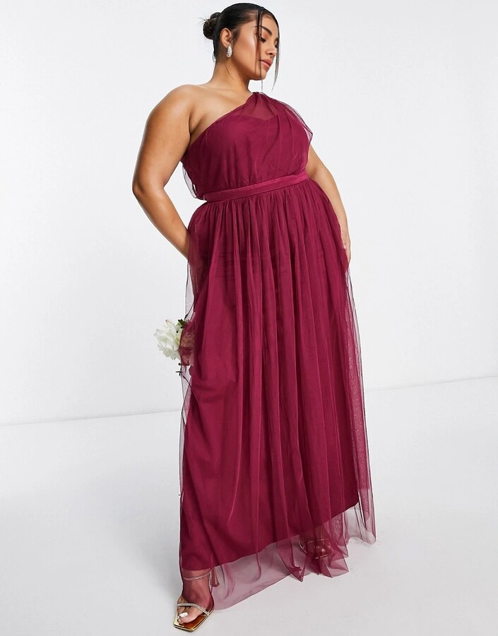 Anaya Womens With Love Plus Bridesmaid Tulle One Shoulder Maxi Dress in Red Plum