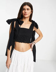 sister jane Womens Crotchet Crop Top With Bow In Black