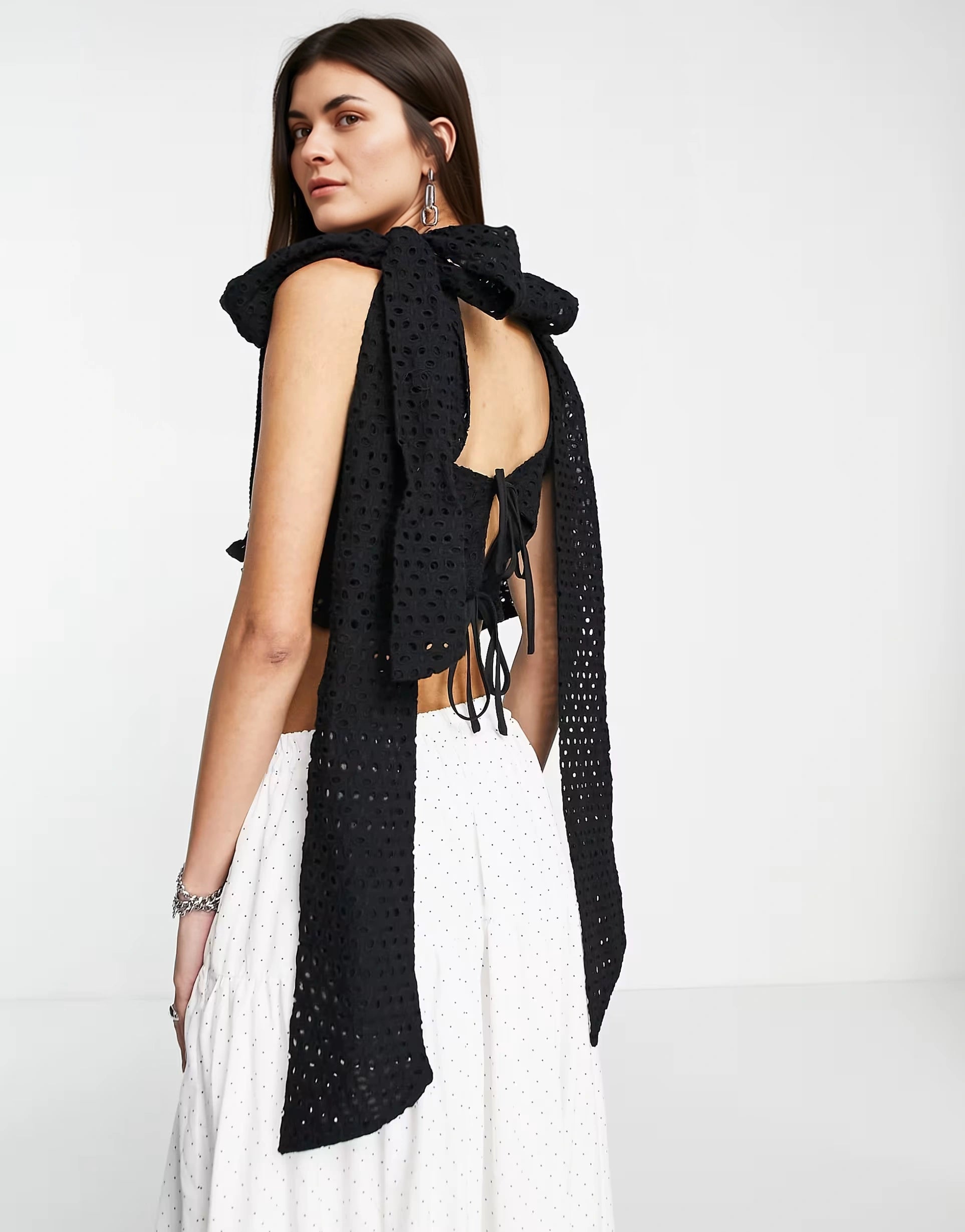 sister jane Womens Crotchet Crop Top With Bow In Black