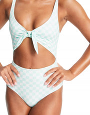 Monki Womens Tie Front Cut Out Swimsuit in Green