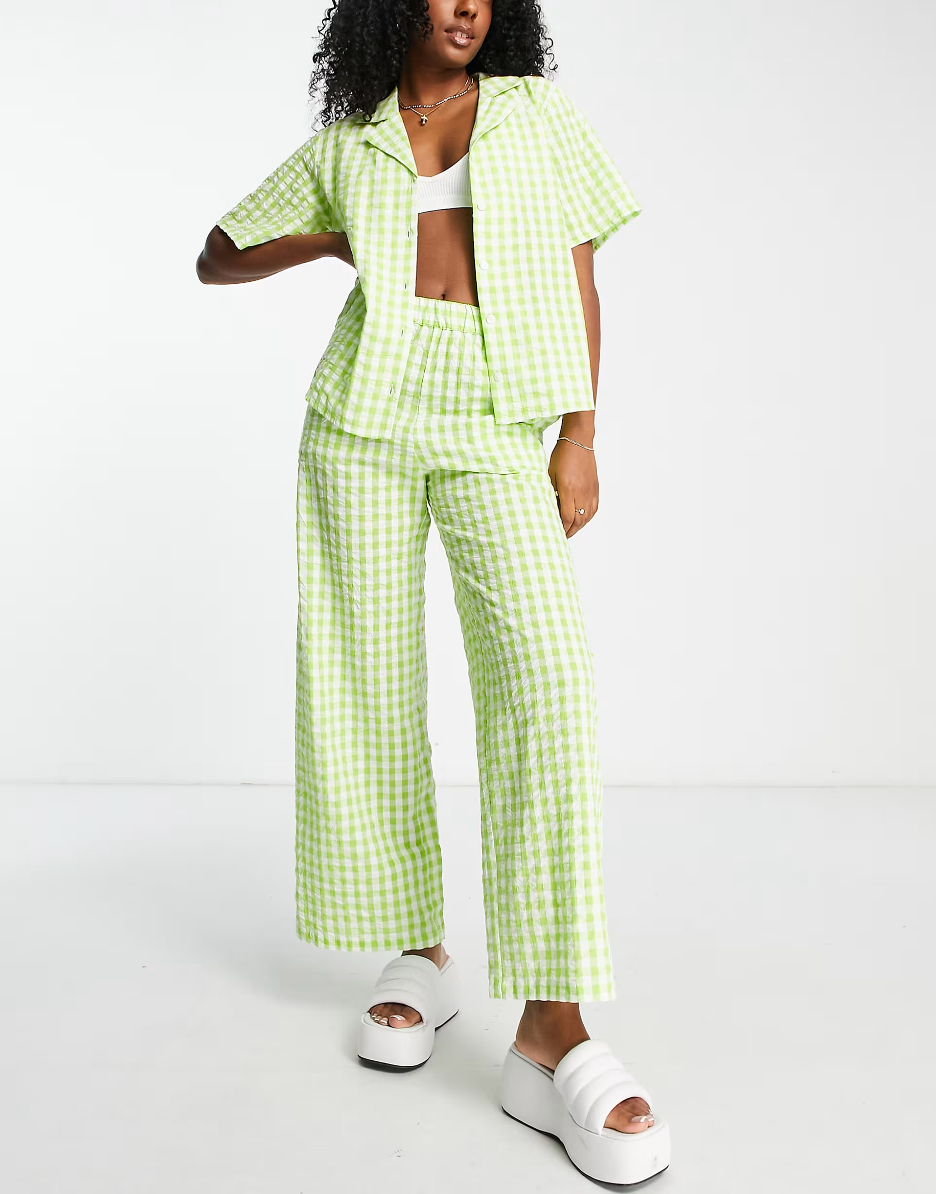 Monki Womens Co-Ord Straight Trousers in Green Gingham
