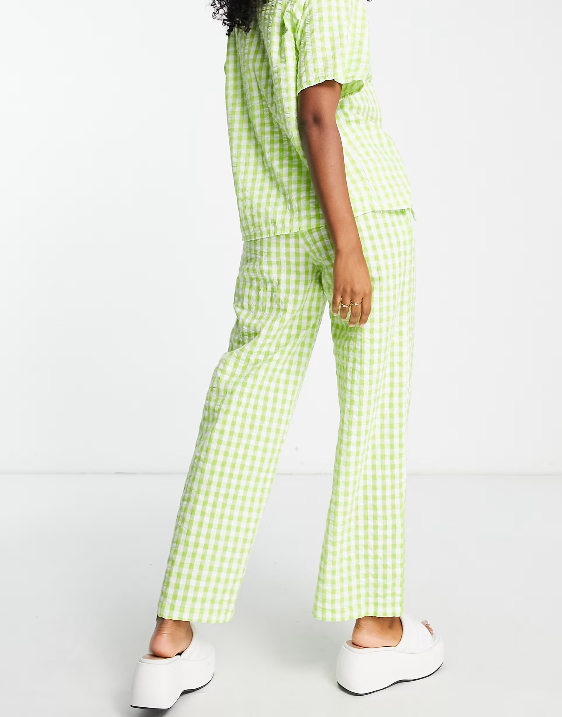 Monki Womens Co-Ord Straight Trousers in Green Gingham