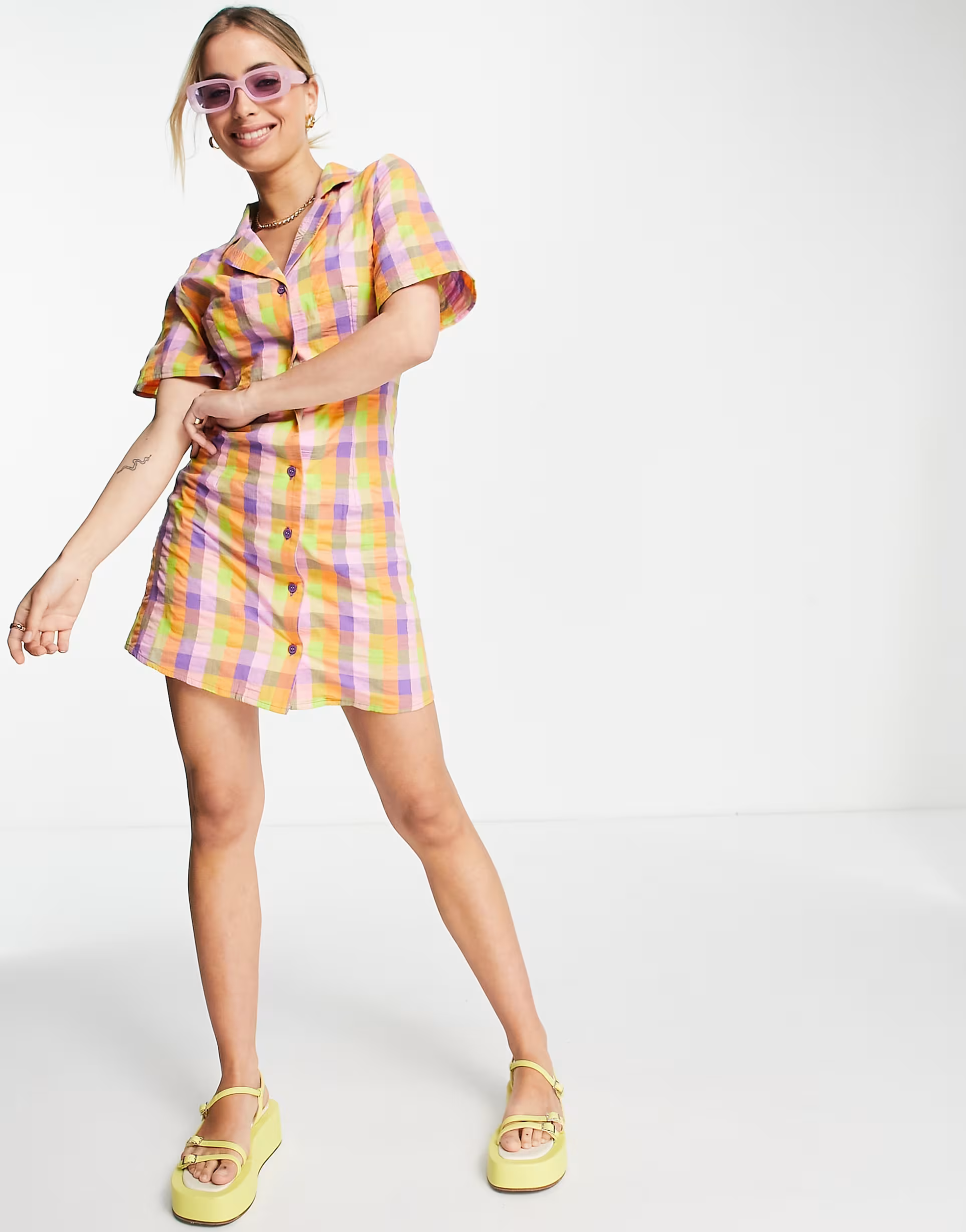 Monki Womens Mini Shirt Dress in Multi Picnic Check In Multi