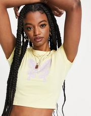 Monki Womens Cropped Tee With Butterfly Print In Pink