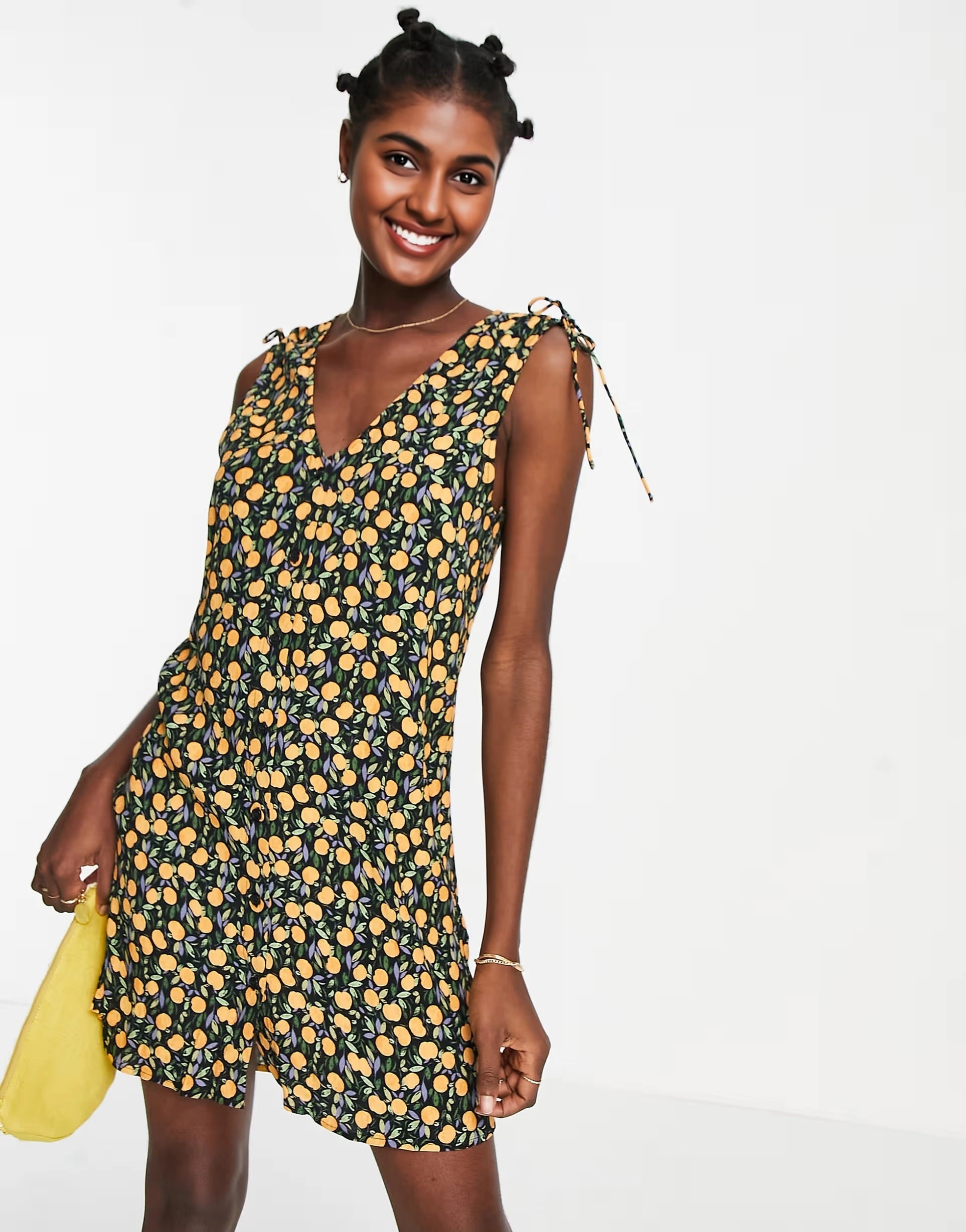 & Other Stories Womens Tie Shoulder Mini Dress in Lemon Print