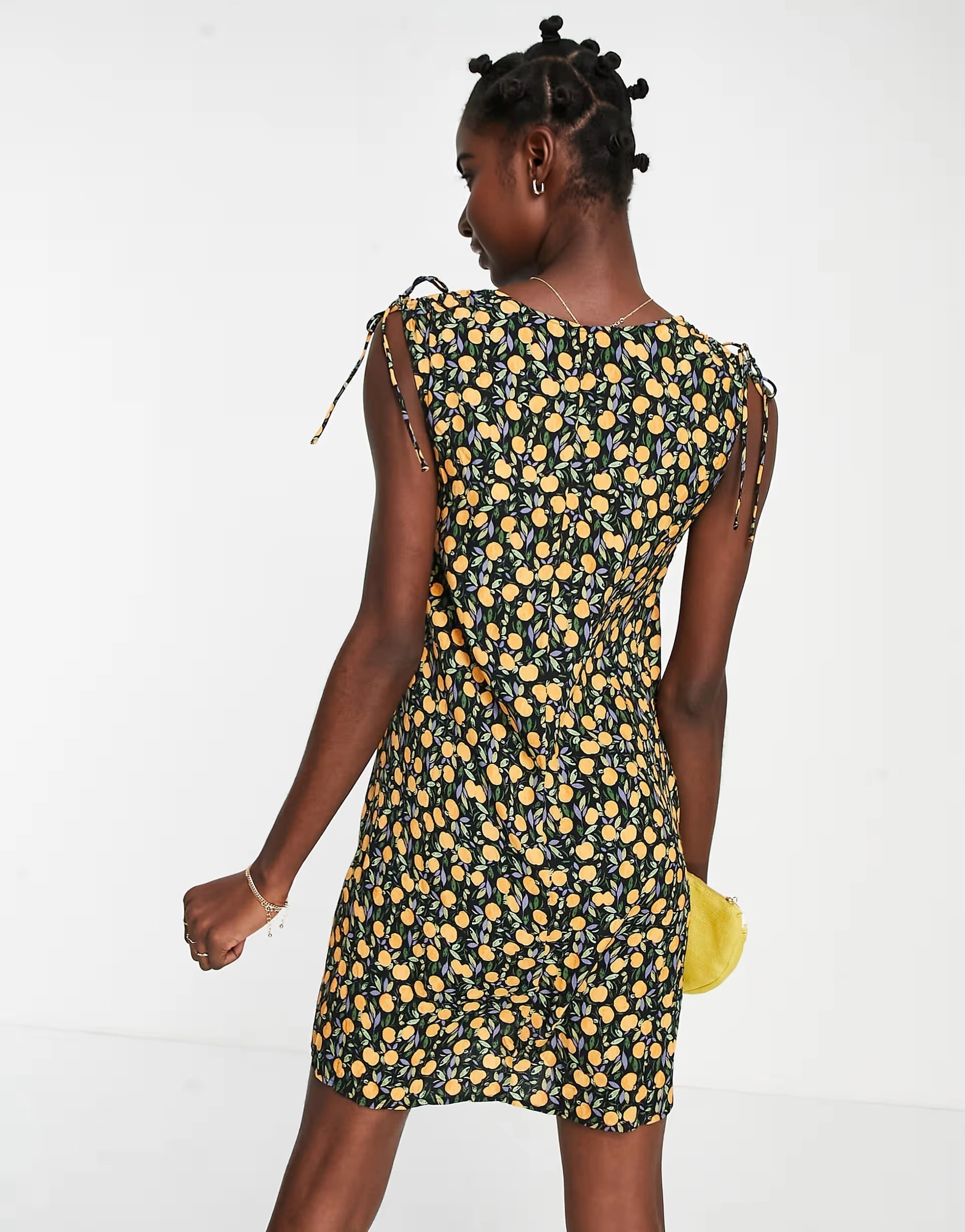 & Other Stories Womens Tie Shoulder Mini Dress in Lemon Print