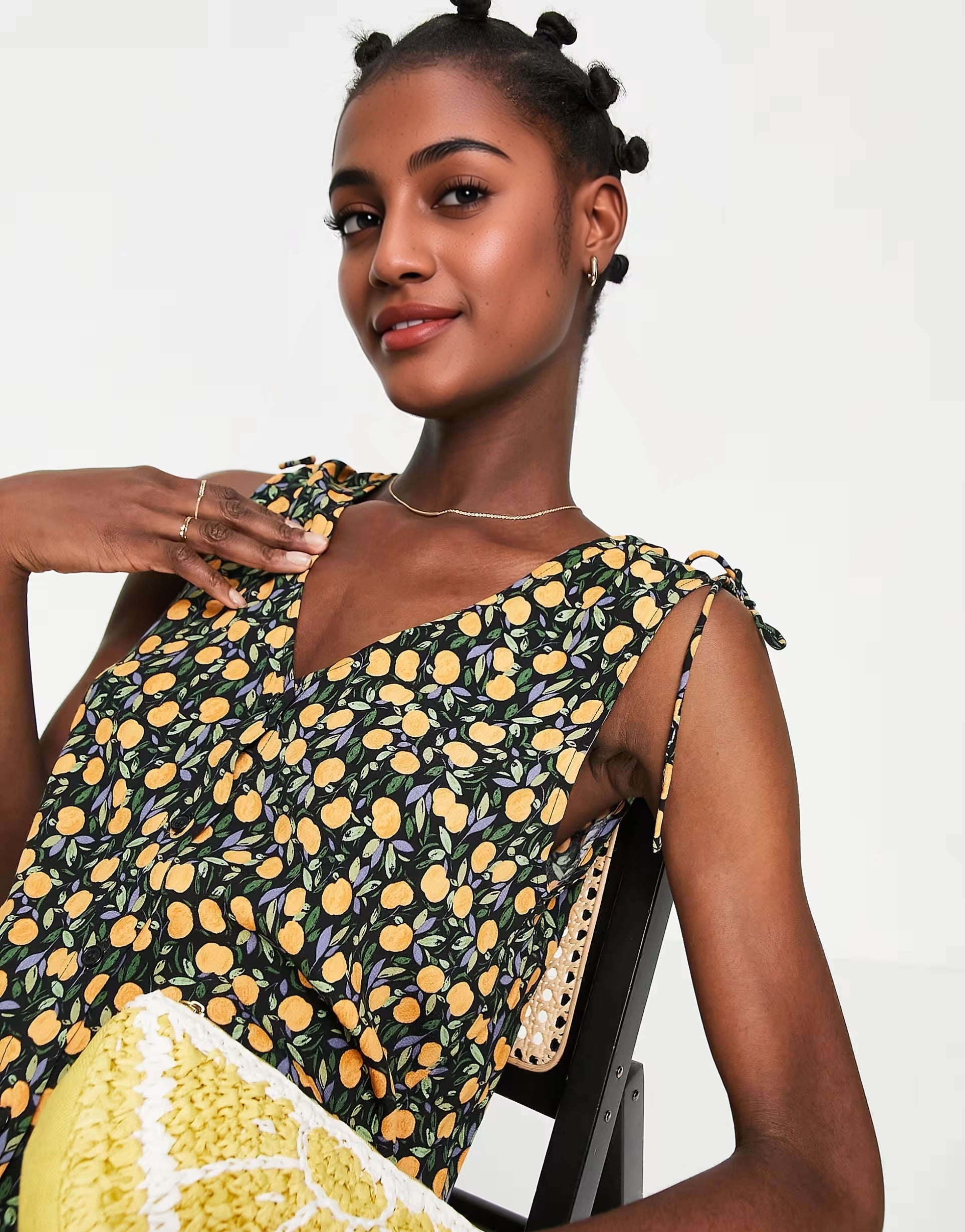 & Other Stories Womens Tie Shoulder Mini Dress in Lemon Print
