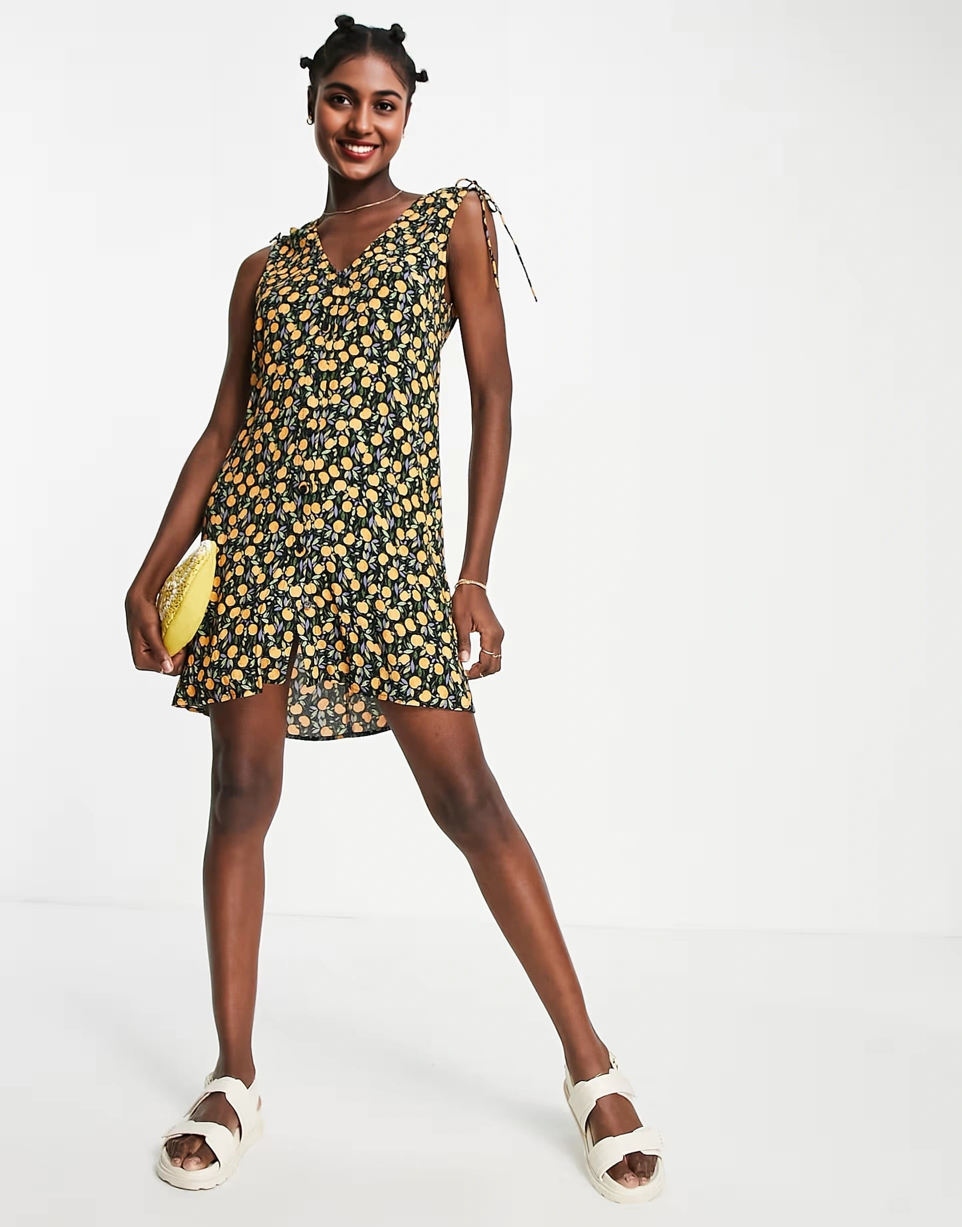 & Other Stories Womens Tie Shoulder Mini Dress in Lemon Print