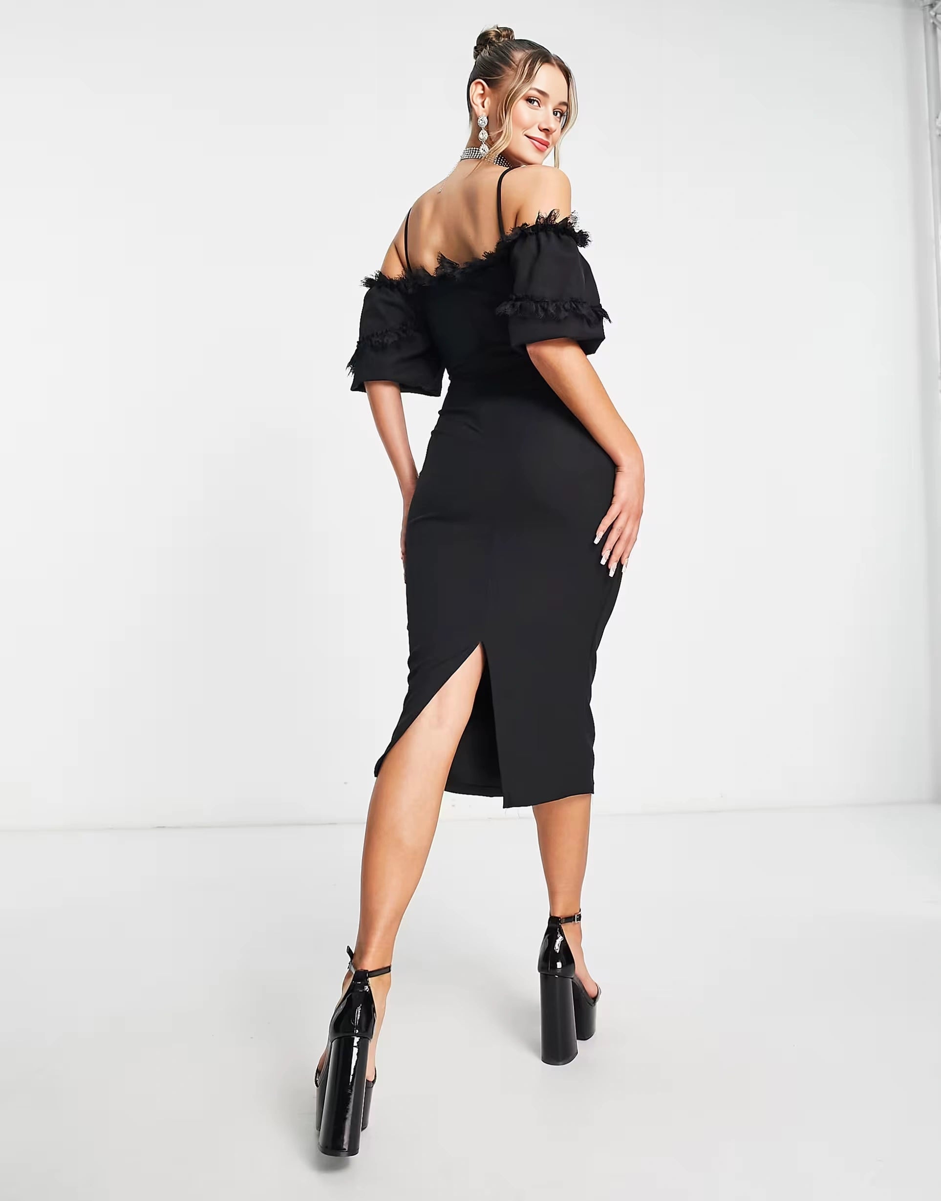 TRENDYOL Womens Fitted Midi Dress With Ruffle Detail In Black