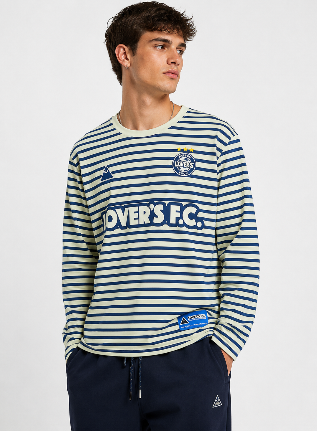 Lovers FC Mens Breton Away Long Sleeve Jersey T-Shirt in Blue Stripe