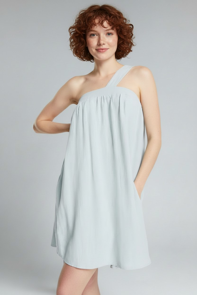 Flounce London Womens Asymmetric Strap Mini Trapeze Dress in Baby Blue