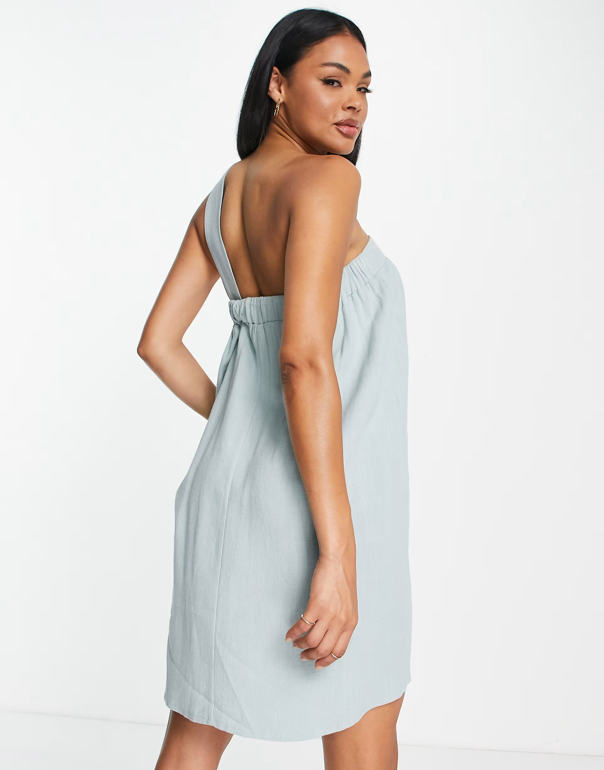 Flounce London Womens Asymmetric Strap Mini Trapeze Dress in Baby Blue