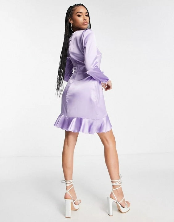 Flounce London Womens Satin Wrap Mini Dress in Lilac