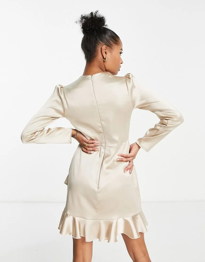 Flounce London Petite Womens Satin Wrap Mini Dress in Mink