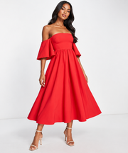 True Violet Womens Bardot Midi Skater Dress In Red