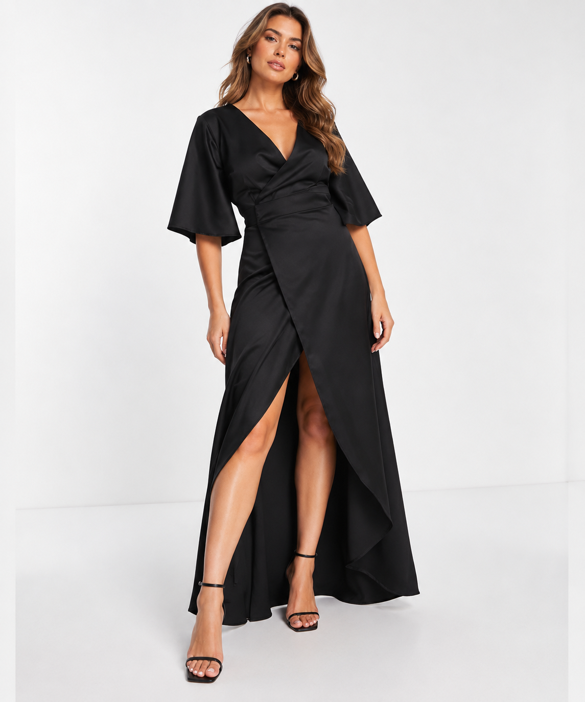 True Violet Womens Satin Maxi Wrap Dress In Black