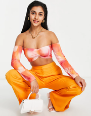 I Saw It First Petite Womens Scuba Off Shoulder Crop Top Co-Ord In Smudge Print