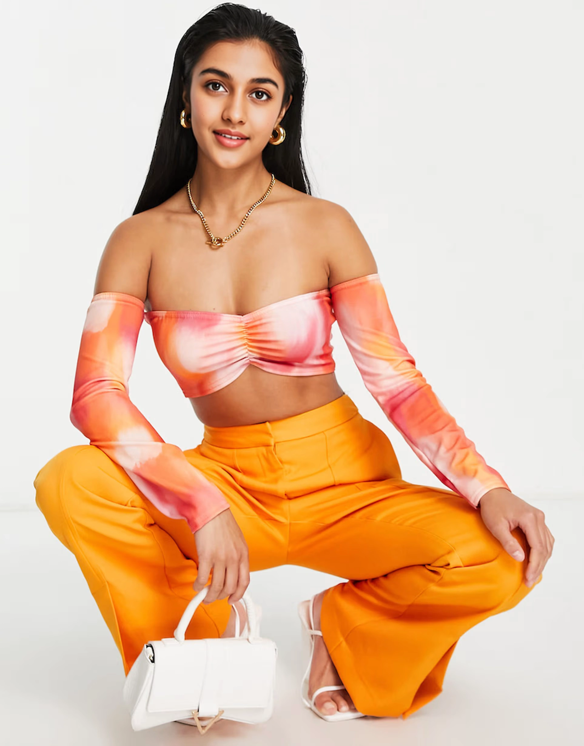 I Saw It First Petite Womens Scuba Off Shoulder Crop Top Co-Ord In Smudge Print