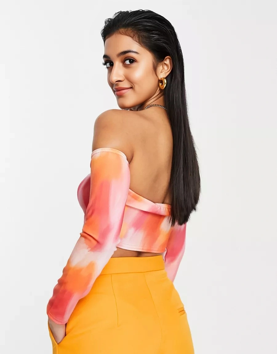 I Saw It First Petite Womens Scuba Off Shoulder Crop Top Co-Ord In Smudge Print