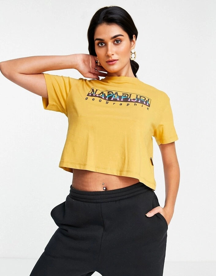 Womens Napapijri Box Logo Crop T-Shirt In Yellow