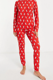 Loungeable Womens Pigs in Blankets Printed Long Sleeve Pyjama Set in Red