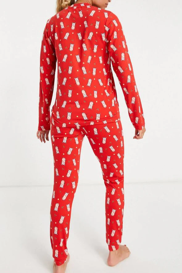 Loungeable Womens Pigs in Blankets Printed Long Sleeve Pyjama Set in Red