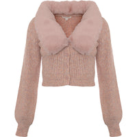 The Frolic Women's Pink Marl Faux Fur Trim Cardigan