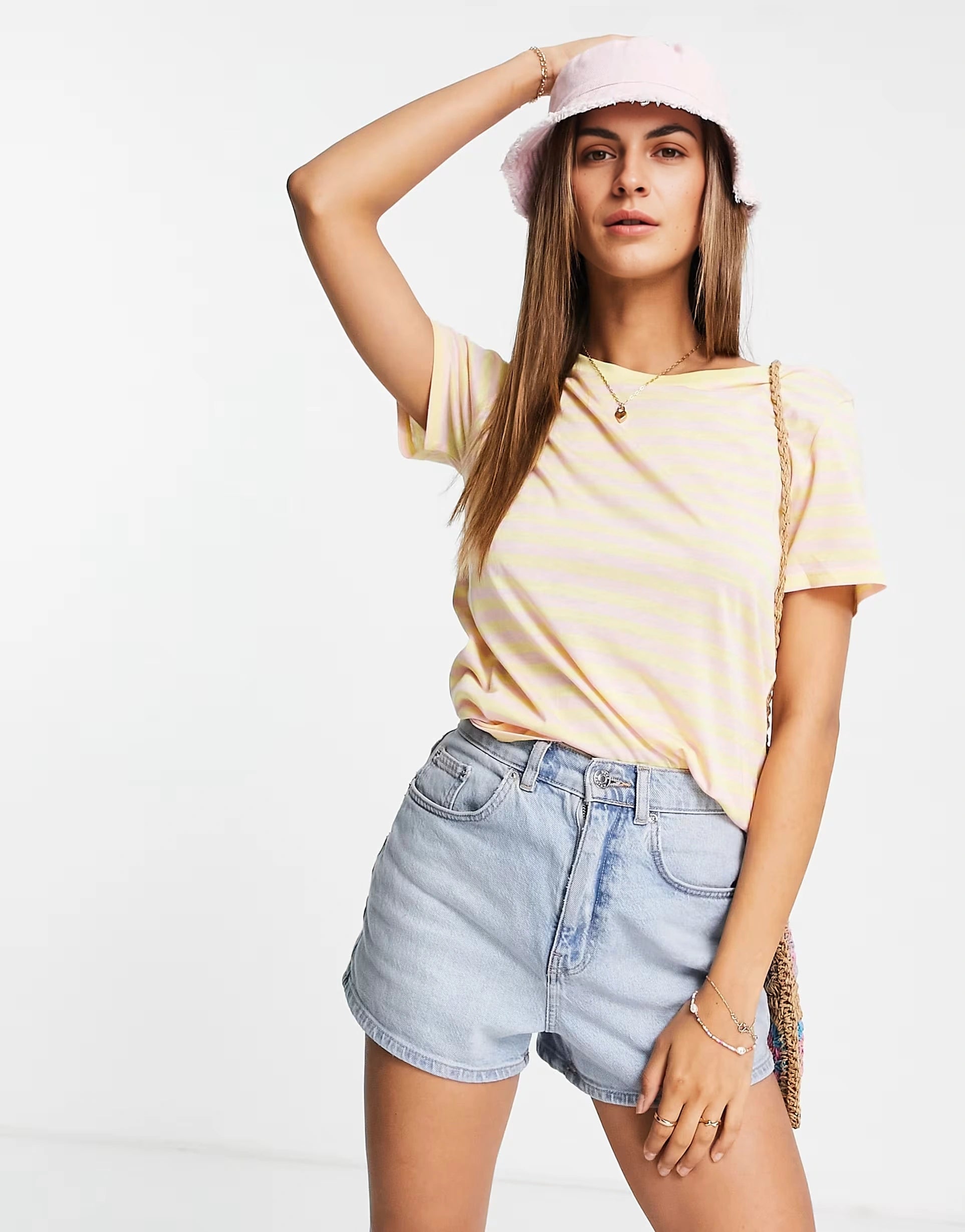 Womens Monki T-Shirt in Yellow And Pink Stripe