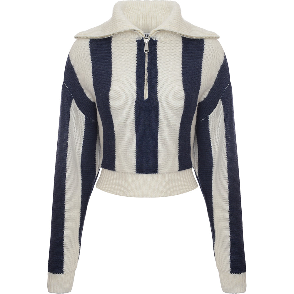 Edited Women's Navy Stripe Wool Blend Half Zip Jumper with Oversized Collar