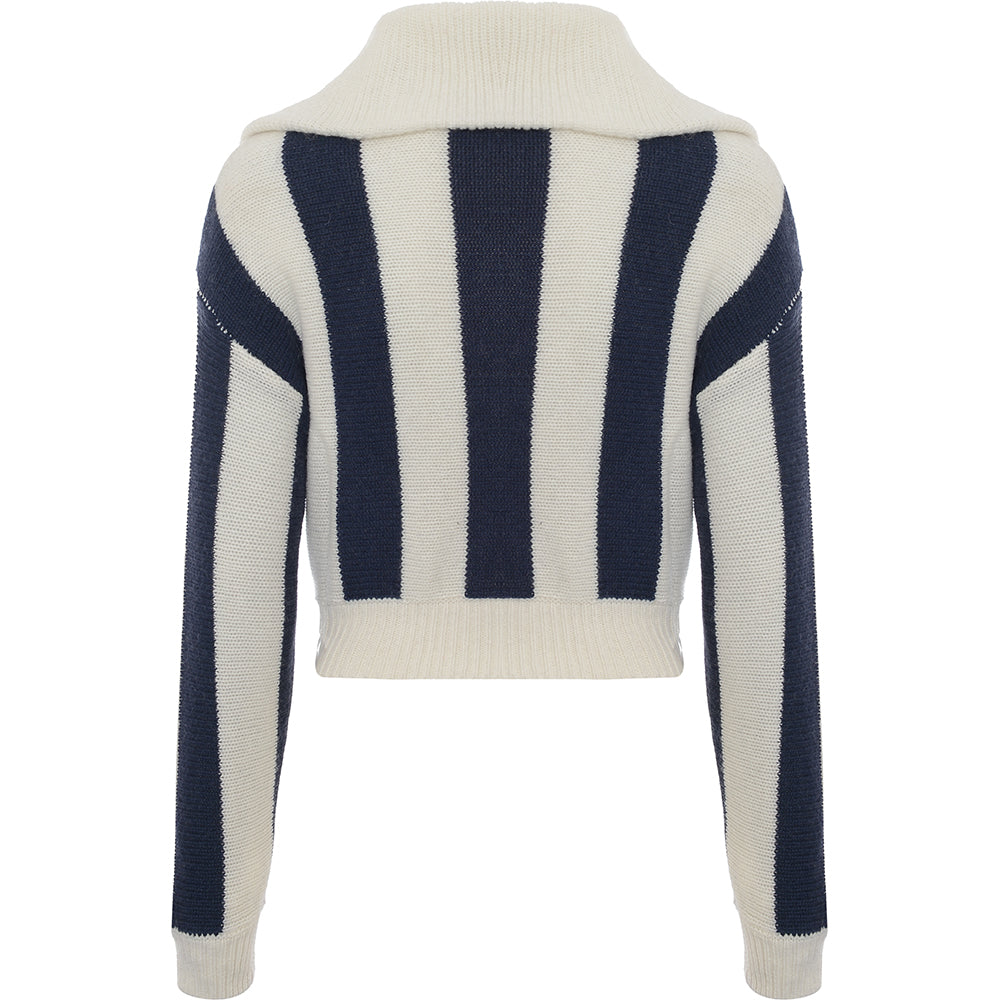 Edited Women's Navy Stripe Wool Blend Half Zip Jumper with Oversized Collar