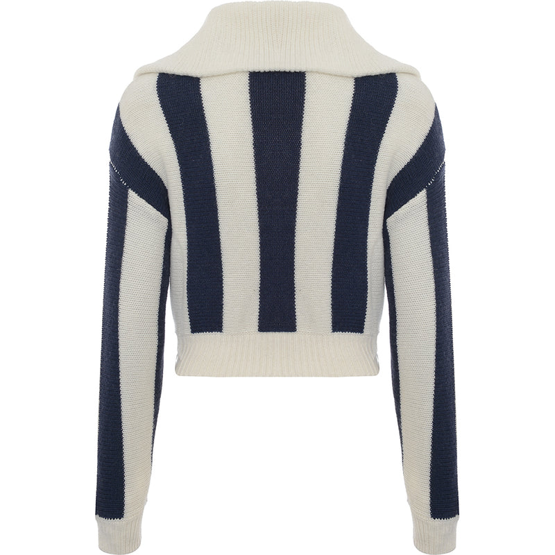 Edited Women's Navy Stripe Wool Blend Half Zip Jumper with Oversized Collar