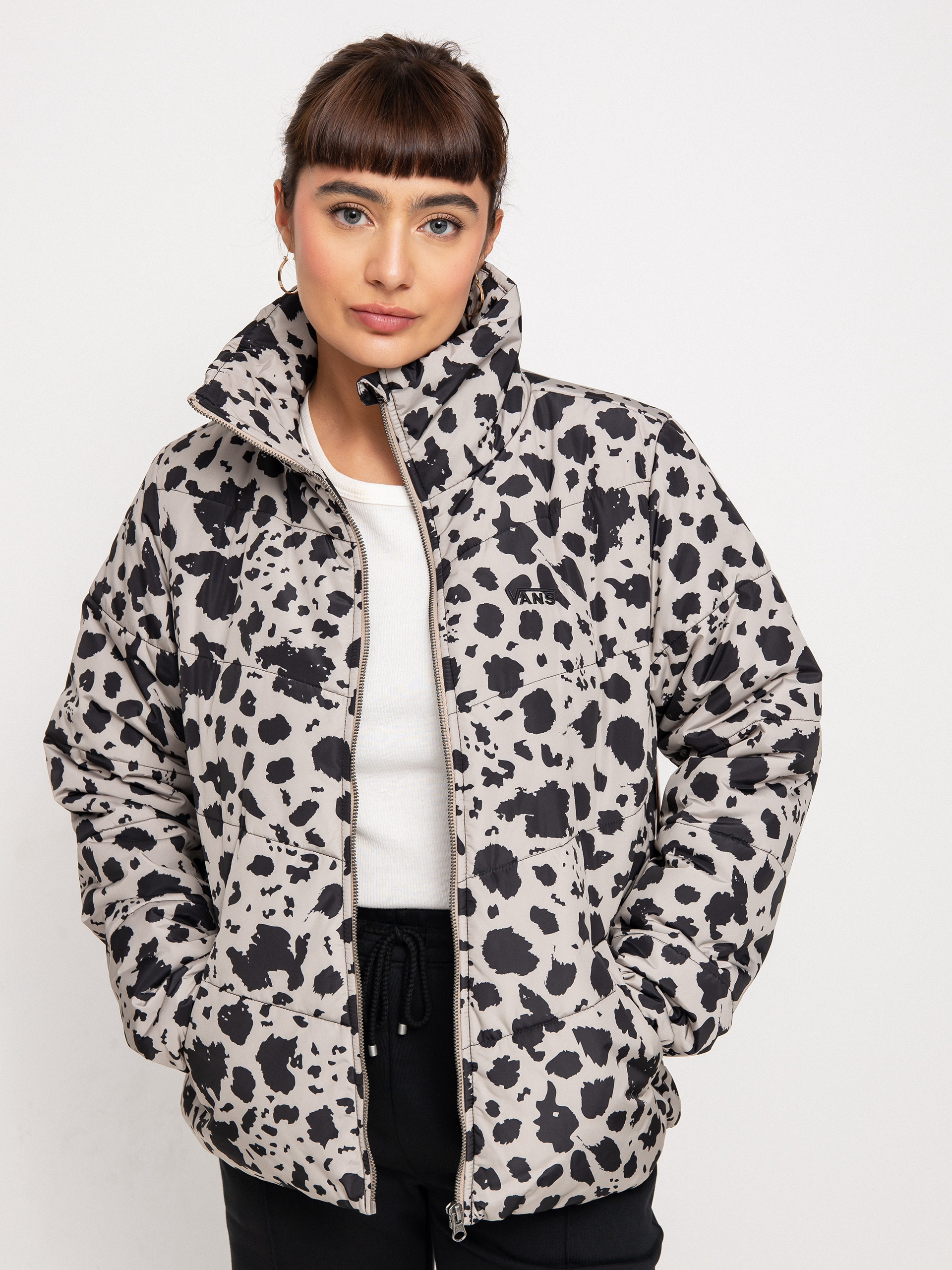 Womens Vans Foundry Print Puffer Jacket in Black And Beige