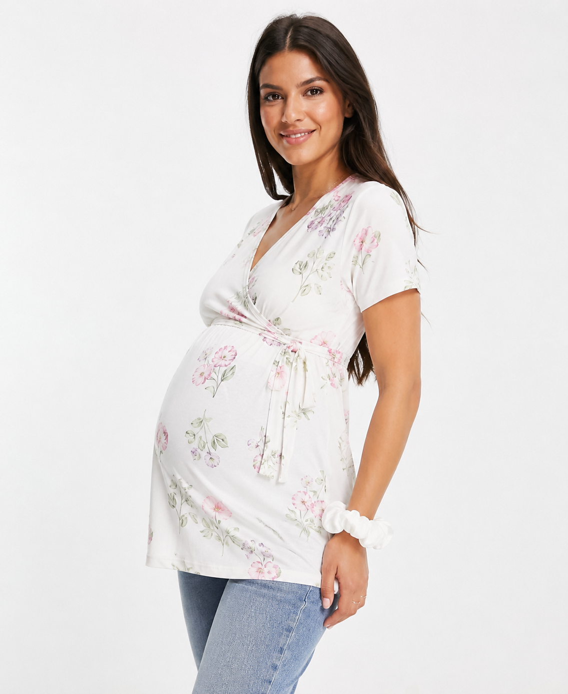 MAMALICIOUS Womens Maternity Wrap Style Top in White Floral