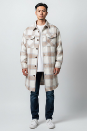 Devils Advocate Mens Longline Shacket In Grey And Brown Check