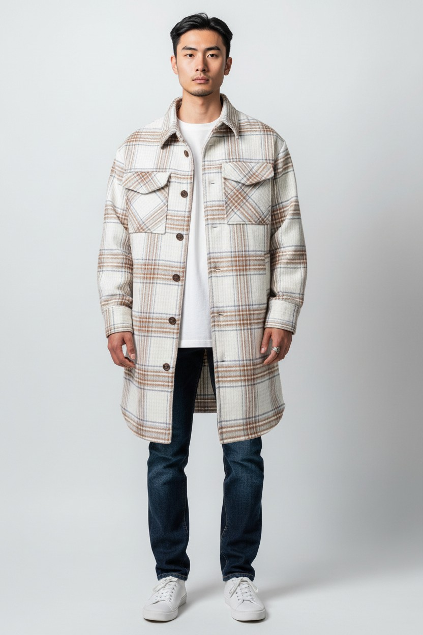 Devils Advocate Mens Longline Shacket In Grey And Brown Check