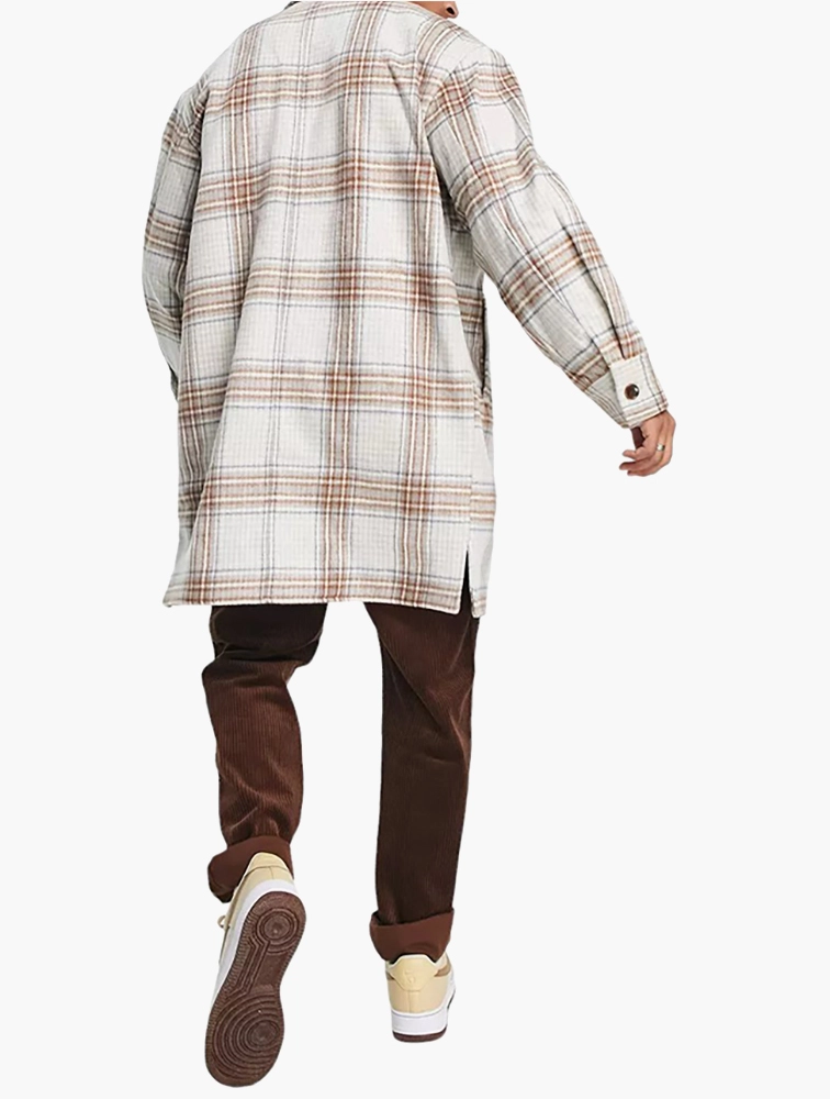 Devils Advocate Mens Longline Shacket In Grey And Brown Check