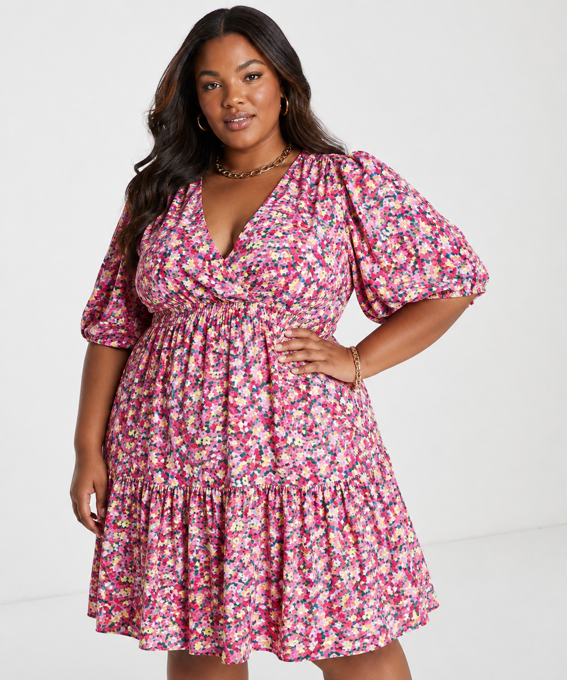 Nobody's Child Plus Womens Puff Sleeve Floral Print Midi Dress In Pink