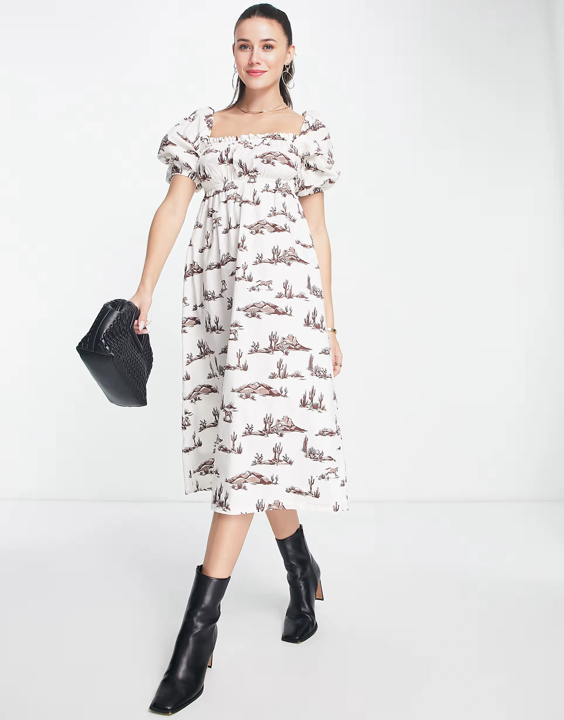 Mango Womens Square Neck Western Print Midi Dress With Lace Up Back In White