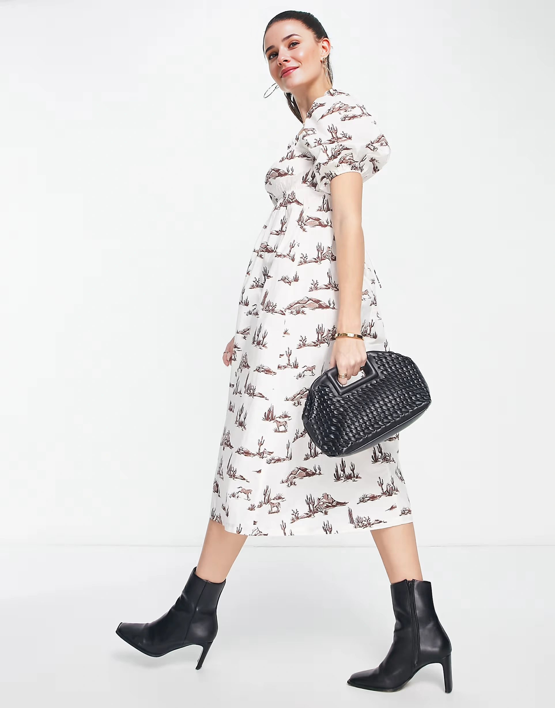Mango Womens Square Neck Western Print Midi Dress With Lace Up Back In White