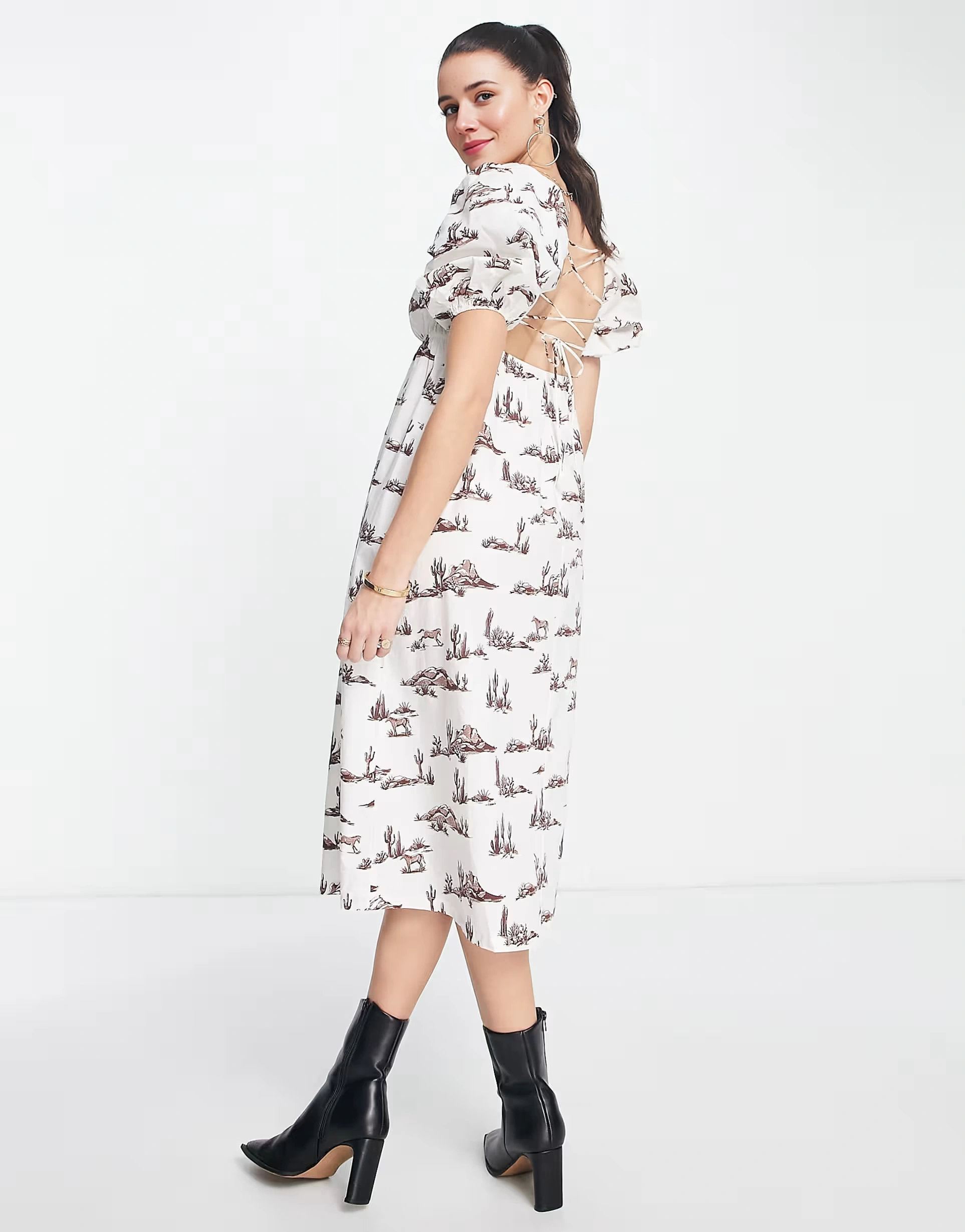 Mango Womens Square Neck Western Print Midi Dress With Lace Up Back In White